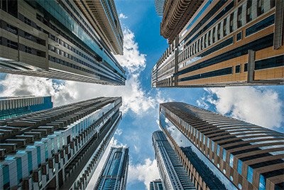 Skyscrapers seen from ground looking straight up